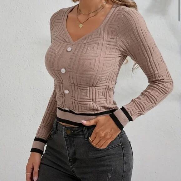 Elegant Scoop Neck Sweater - Contrast Trim, Long Sleeve, Fake Button - Picture 1 of 3